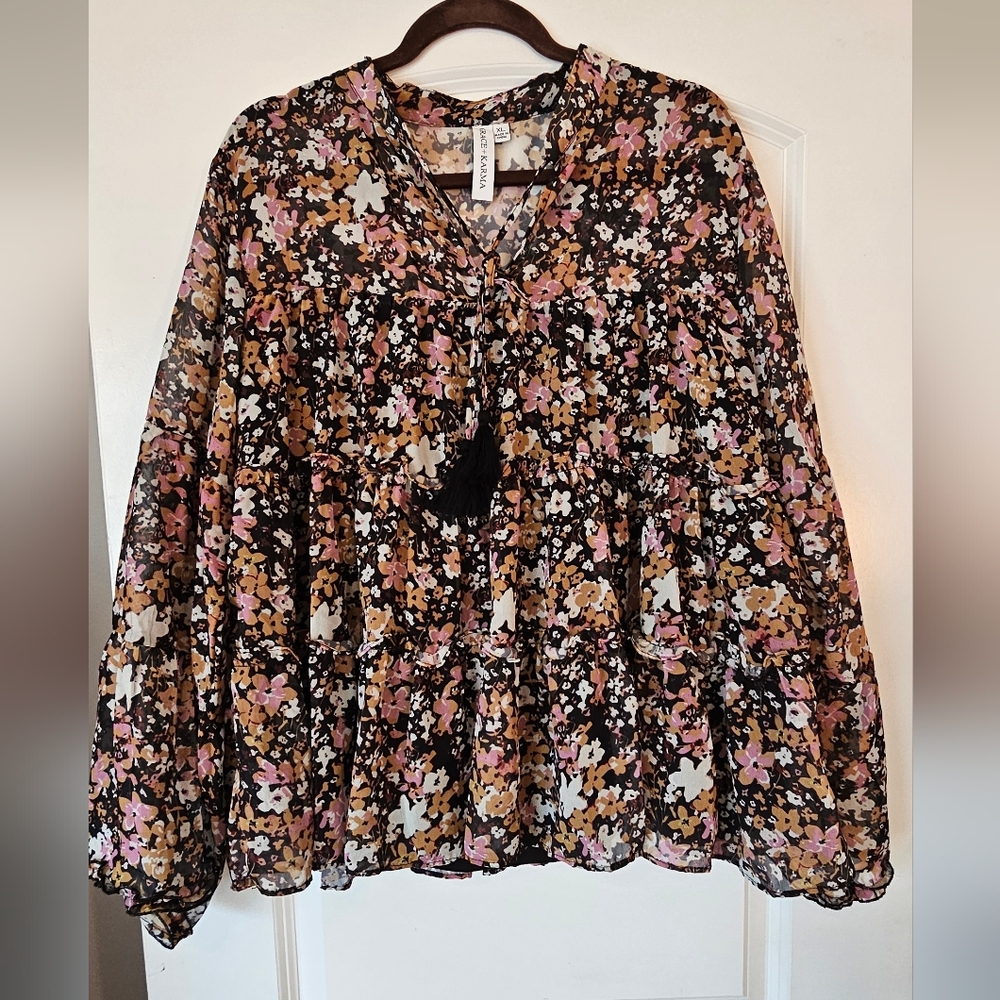Floral-Print Peasant Top Size XL